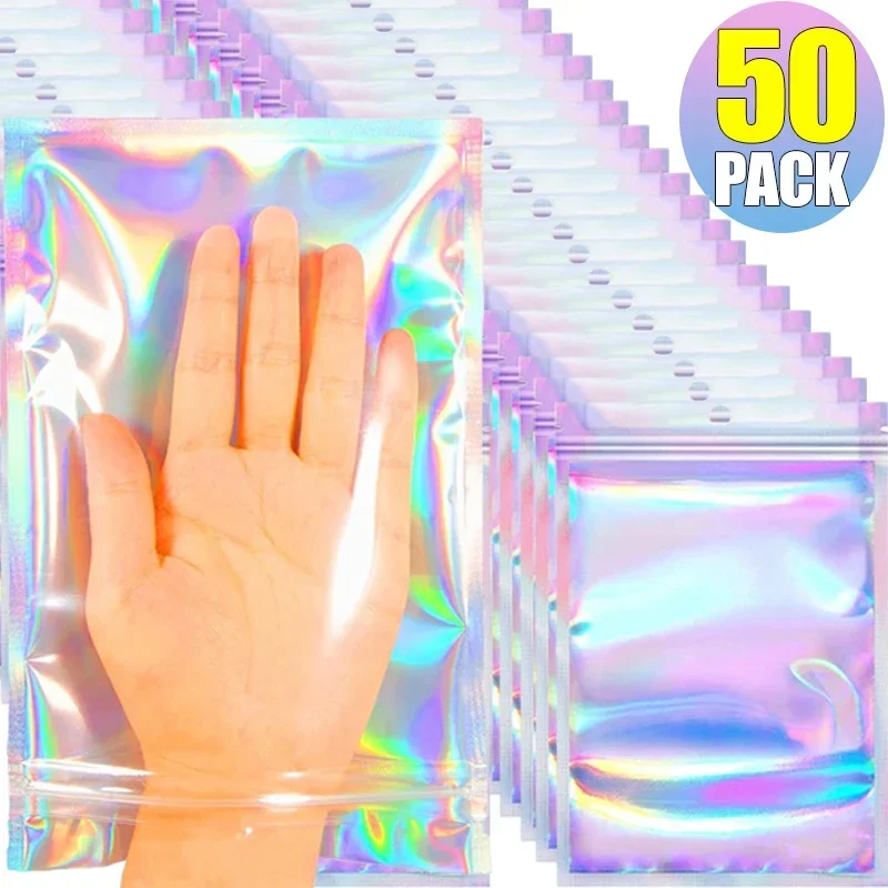 Bolsas de Mylar a prueba de olores, bolsa de embalaje de plástico de Color láser holográfico, bolsa de almacenamiento de joyería al por menor, bolsa con cierre de cremallera de regalo, 10/25/50 unidades