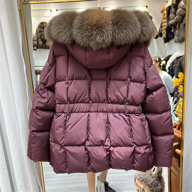 Winter New Fashion Women's Fox Fur Collar Waist-Cinching down Jacket Mid-Length White Duck down Loose Thick Outerwear