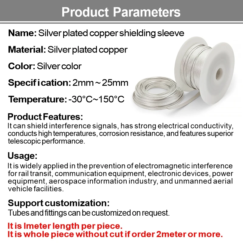 Silver Plated Copper Shielding Sleeve 2 4 6 8mm Telescopic Braided Net Anti-Interference Wire Electromagnetic Wave Proof Sleeves