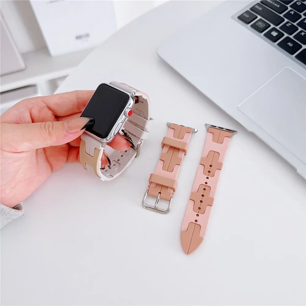 New Fashion Contract Color "H" Rubber Watch Strap for Apple Watch Ultra 2 / 1 (49mm) S9 45mm 44mm 41mm 40mm 42mm Soft Watch Band