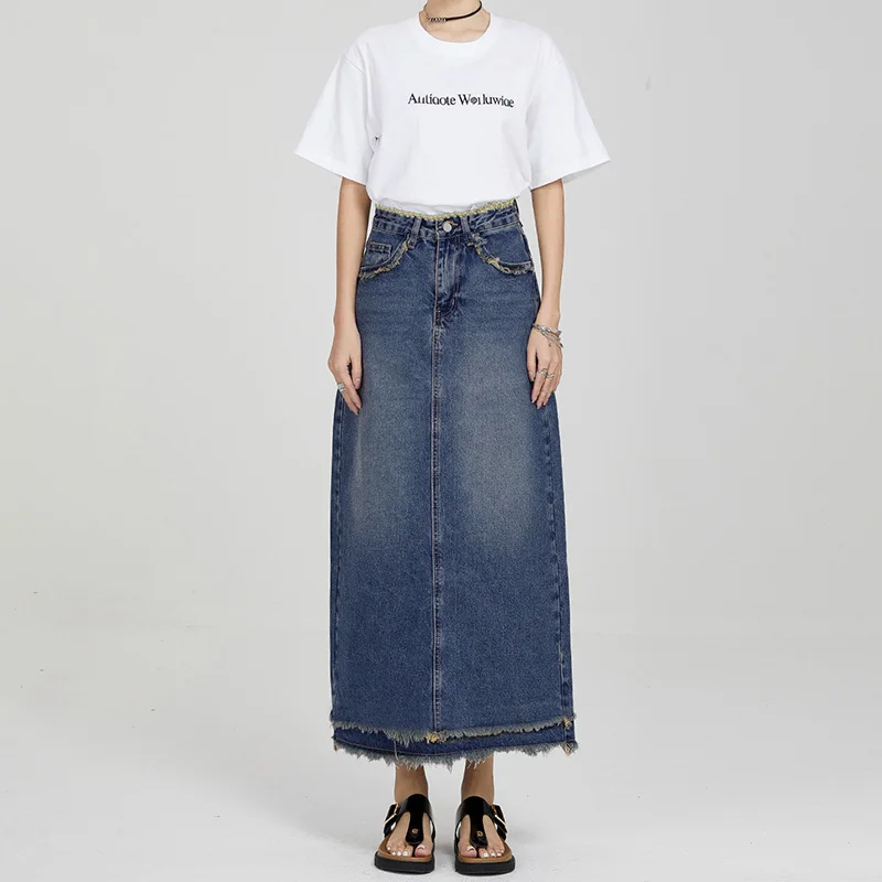 High Waist A-Line Denim Skirt Dress Casual Embroidered High Waist Jeans Skirt Midi Dress for Women in Their 20s Summer Season