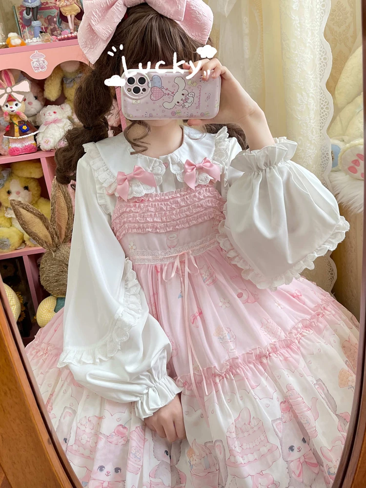 KIMOKOKM Sweet Girly Single-breasted Lolita Shirt Peter Pan Collar  Ruffled Lace Kawaii Bow Flare Sleeve Cute Sweetheart Blouses