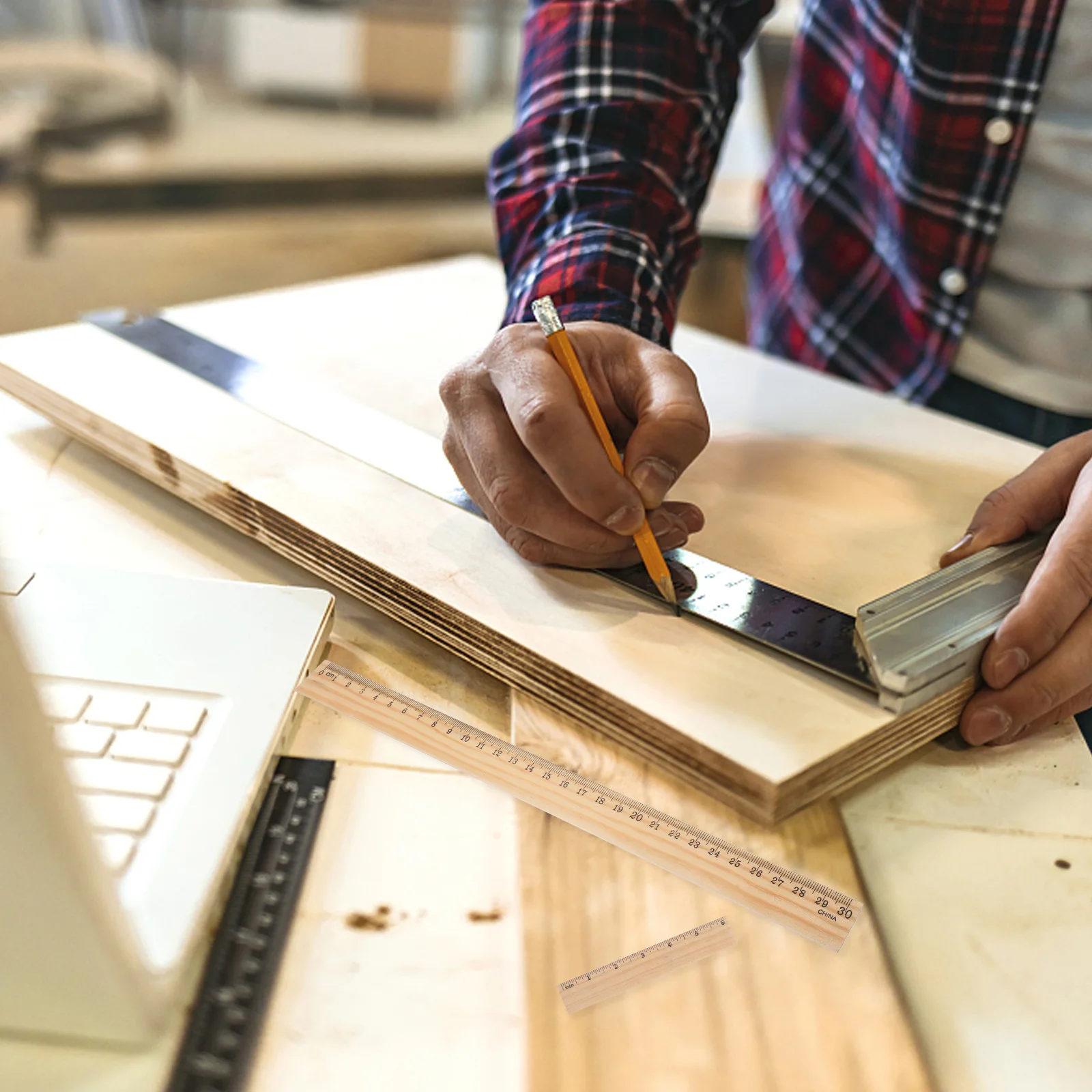 Regla de madera de 9 piezas, pequeña escala de doble cara, bordes rectos, reglas de dibujo a granel, Oficina de Aprendizaje