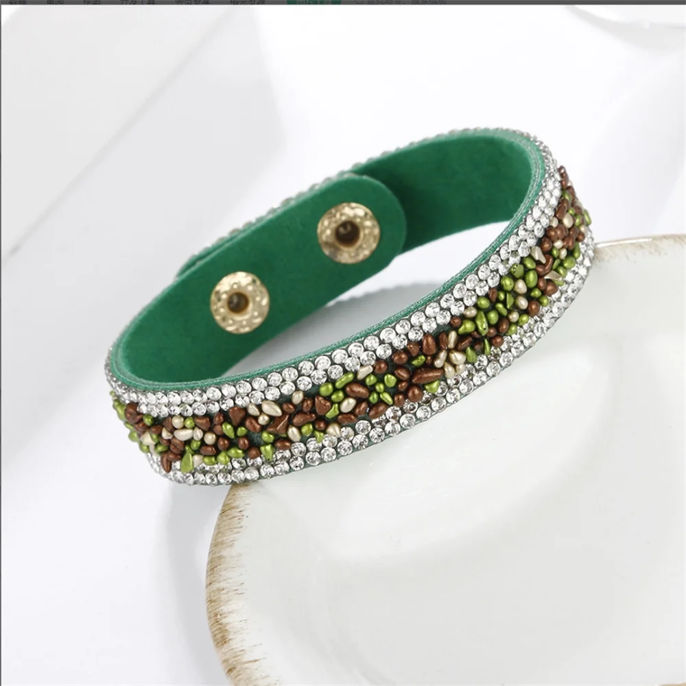 2022 Newest Fashion Women\'s Leather Wrap Bracelet Colorful Crystal Beads Metal Button Clasp Bracelet Handmade Jewelry Bohemian