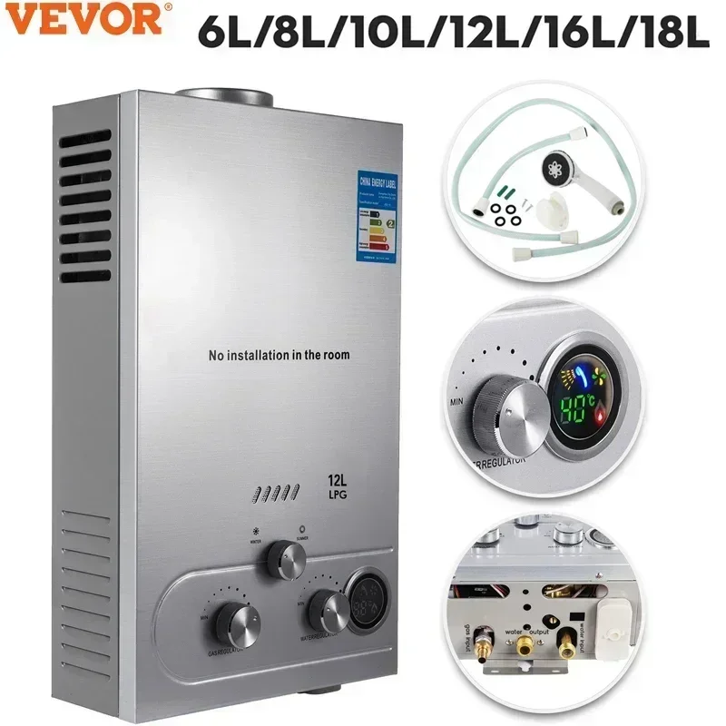 VEVOR 6L-18L LPG Gas Hot Water Heater Propane Gas Stainless Steel Tankless Boiler Camping W/Shower Kit LPG Water Heater