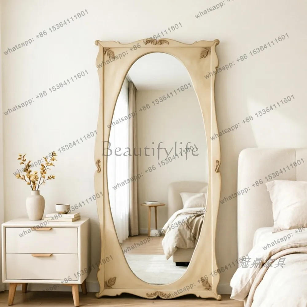 YJ French Retro Carved Full‑Length Mirror Mid‑Century Vintage Leaning Unit For American Bedroom Dressing Home Decor