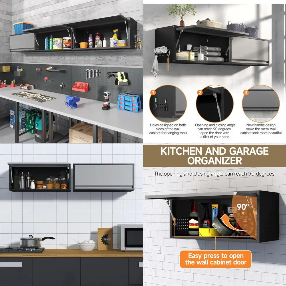 

Металлический настенный шкаф для хранения шириной 31,5 дюйма с откидной дверцей для кухни, гаража и подвала — черно-серый
