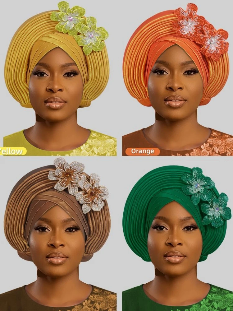

New African Headtie Turban Nigeria Head Ties with Flowers Already Made Auto Gele Women Head Wraps for Wedding Party