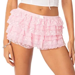 Short en dentelle à froufrous vintage, culotte bouffante à volants multicouches, jupe douce Kawaii, fille épicée, Y2K, années 00