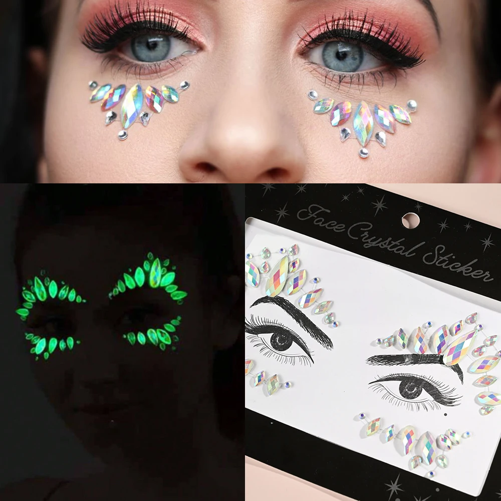 

1pcs 3D Glow-in-dark Face Sticker Crystal Rhinestone AB Shiny Waterdrops Glitter Jewelry DIY Face Gem Sticker On Face Decoration