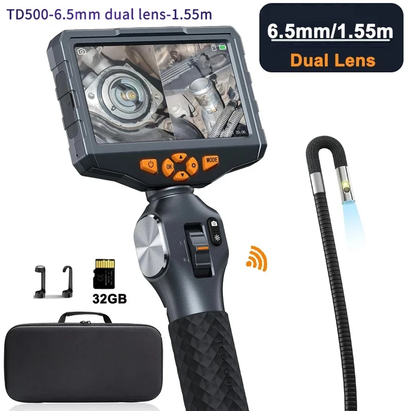 

TD500 6.5MM Dual Lens Articulating Borescope 2.0MP 5 Inch IPS 2-Way 360° Steering Endoscope Camera with WIFI