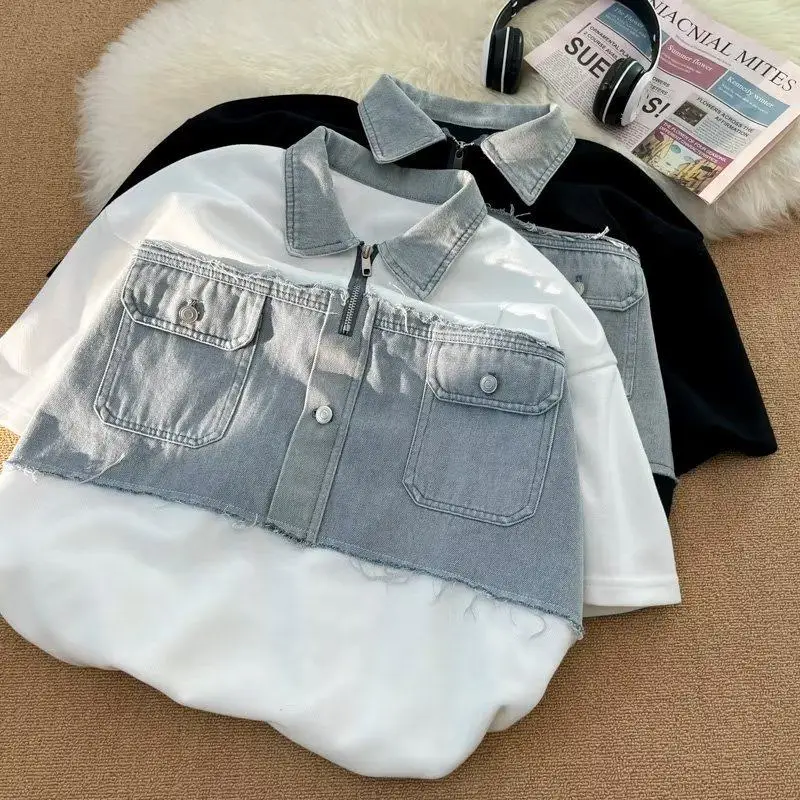 Men's Fake two-piece T-shirt Spring/Summer Short Sleeve Denim Splicing Zipper Tops American Casual Fashion Male Lapel Tees
