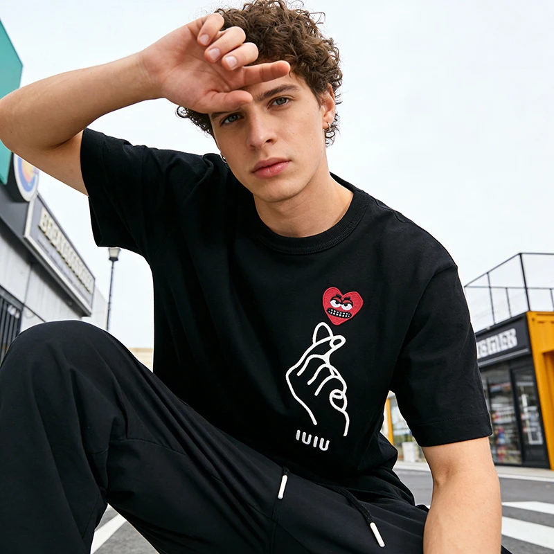 Men's Hand-Stitched Angry Heart Embroidered Funny Print T-Shirt Cotton Crew Neck Short Sleeve Straight Tee Casual Top