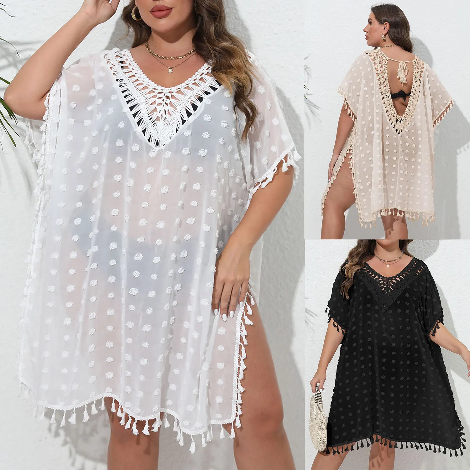 Plus Size Mesh Emboss Swimwear Bikini Cover-up for Women Oversize Sexy Backless Hollow Crochet Neck High Split Beach Dress