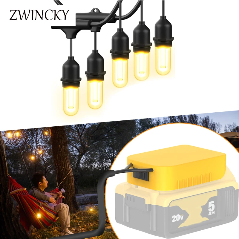 32FT LED Outdoor String Light for Dewalt 18/20V Battery Portable Cordless with 10 Shatterproof LED Bulbs Waterproof Hanging