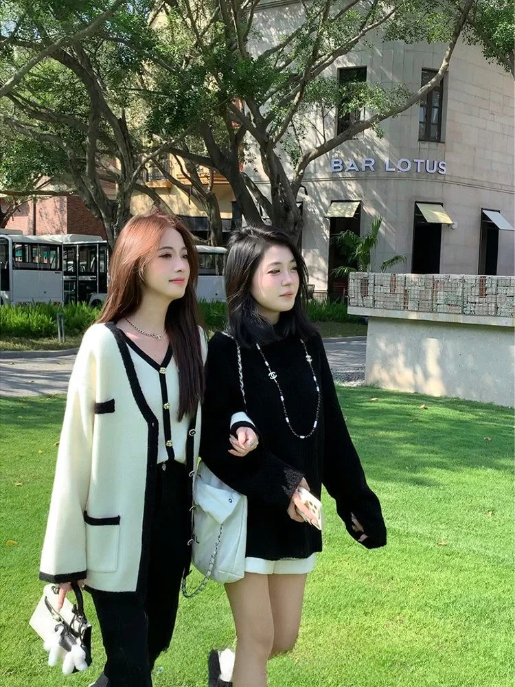 

Ele Korean Sle Women's Knitted Sweater Vest Set Long Sve V-Ne Button up Faionable Spring Collection