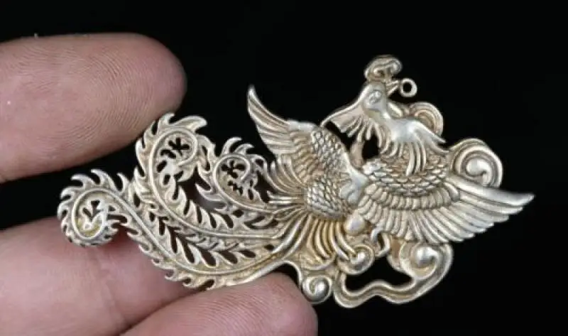 6.5Cm Old Chinese Miao Silver Feng Shui Phoenix God Bird Luck Amulet hanging ornament