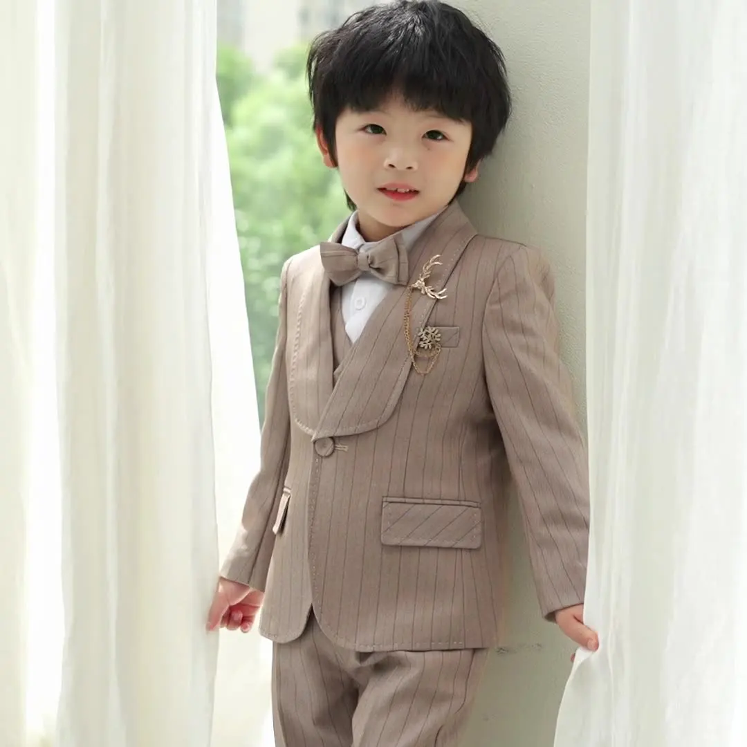 5-Piece Striped Boys' Tuxedo Set Slim Fit Shawl Lapel Kids' Performance Wear plus Size Available for Piano Performances