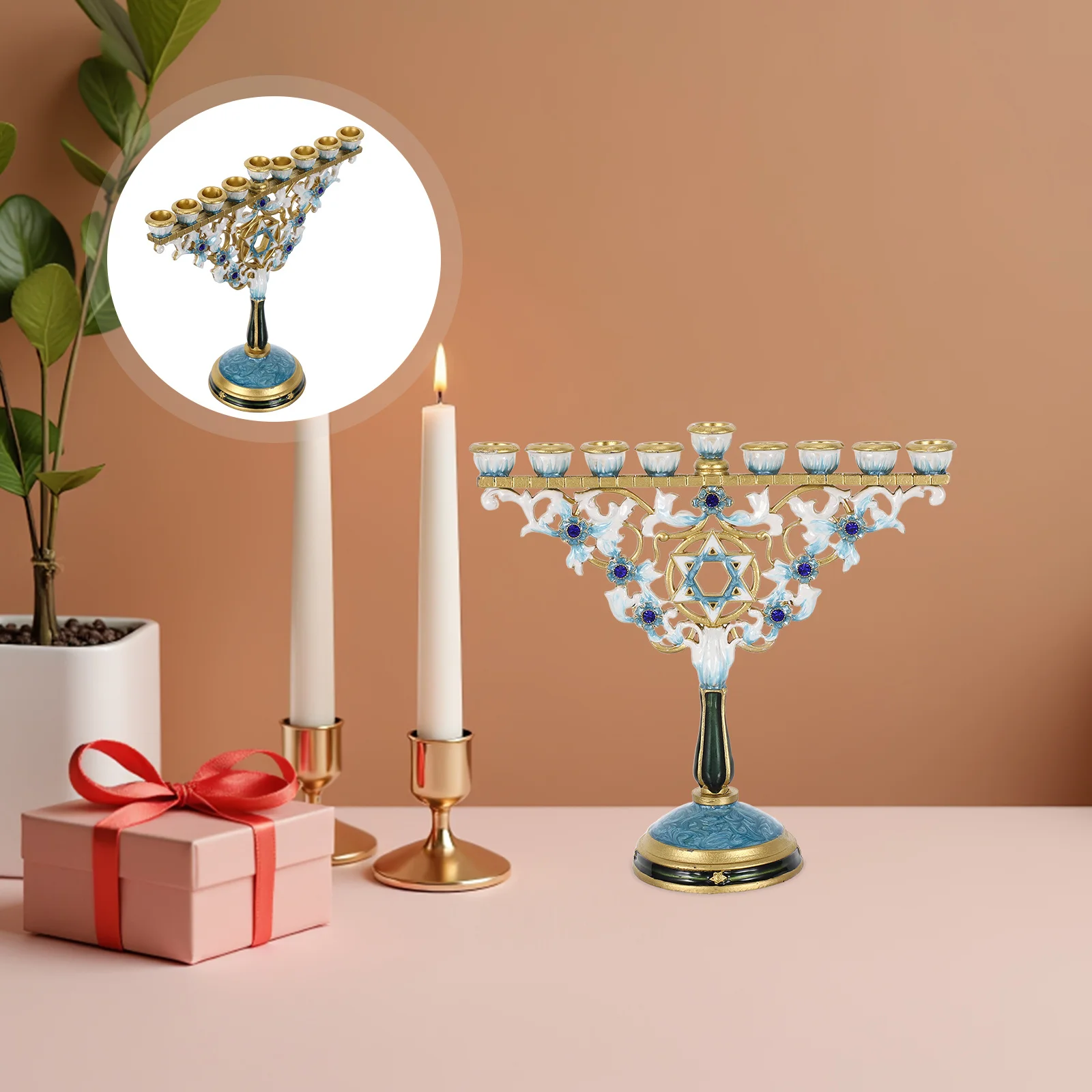 

Stylish Hanukkah Menorah Classic Silver Tone Metal Base Home Decoration Judaica Religious Festival Candlestick Set