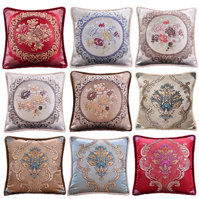 Floral Cushion Cover 19x19inch European Mirror Vintage Jacquard Pillow Case Soft Home Decorative Pillow Cover 48x48cm Red Ivory