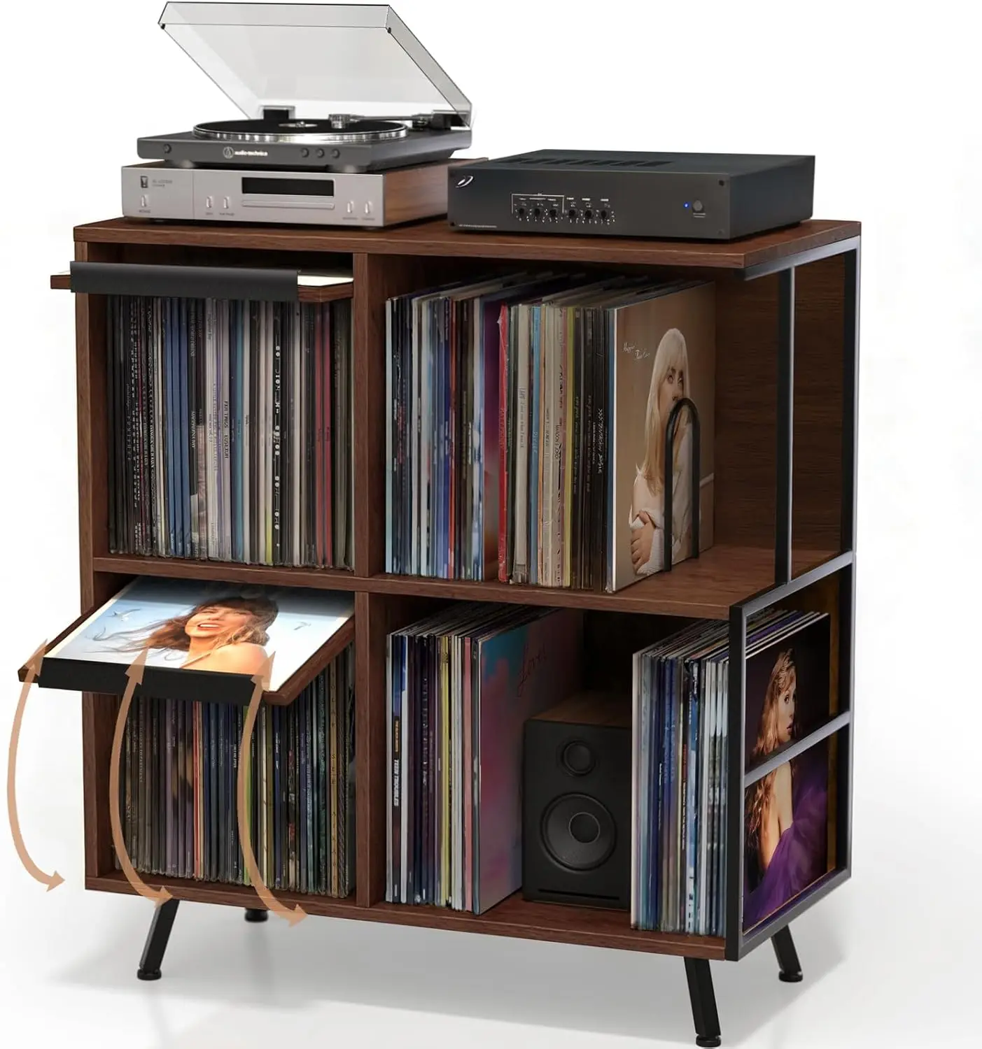 3 Tier Flip Top Record Player Stand, Vinyl Record Storage Holds 300+ Albums, Large Turntable Cabinet with Display, Walnut