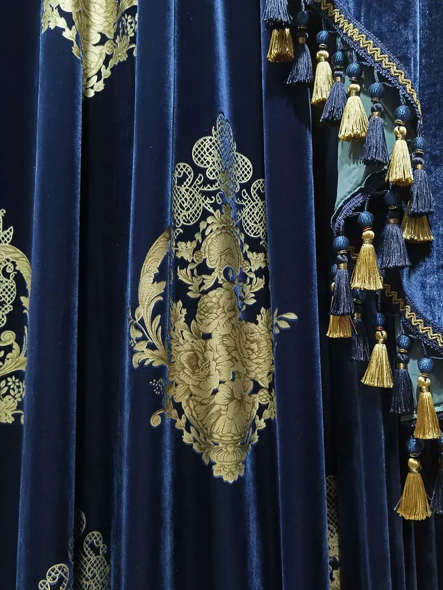 Customized Sapphire Blue Velvet Embroidery Patched Curtains For Living Room Bedroom French Window Balcony Villa Valance