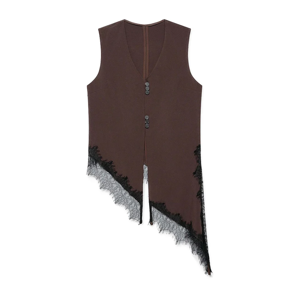 Asymmetrisches Damen-Tanktop aus Spitze mit Knöpfen vorne, ärmellose Weste für Frühling und Sommer – Detail 3