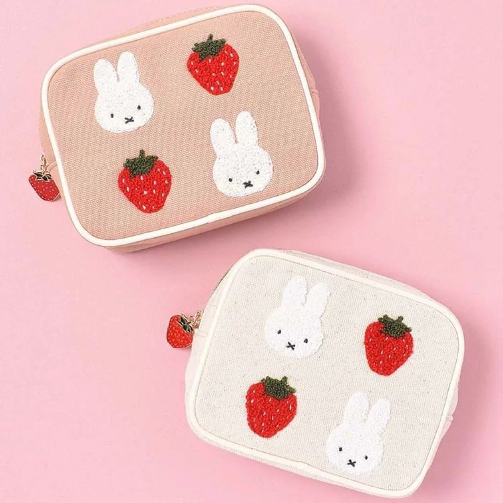 Strawberry Cartoon Kawaii Pink Square Makeup Storage Bag Portable Embroidery Fashion Canvas Lipstick Pack Plush