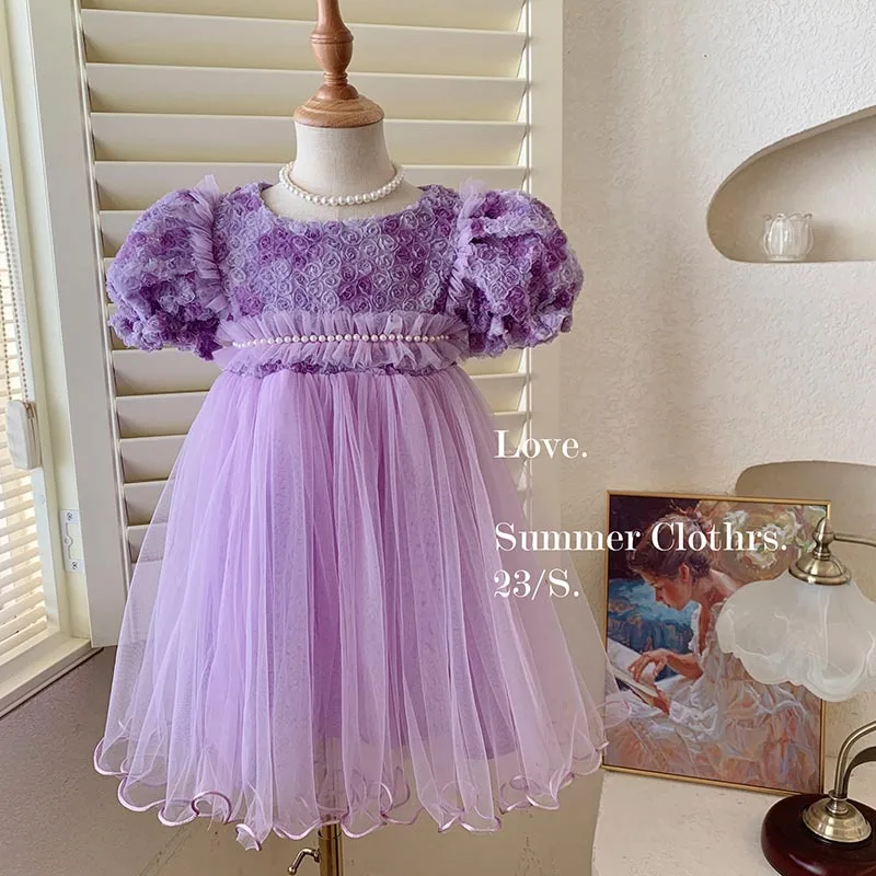 Girls Dress Summer 2024 New 3D Rose Mesh Baby Dress Childrens Princess Dress Kids Dresses for Girls