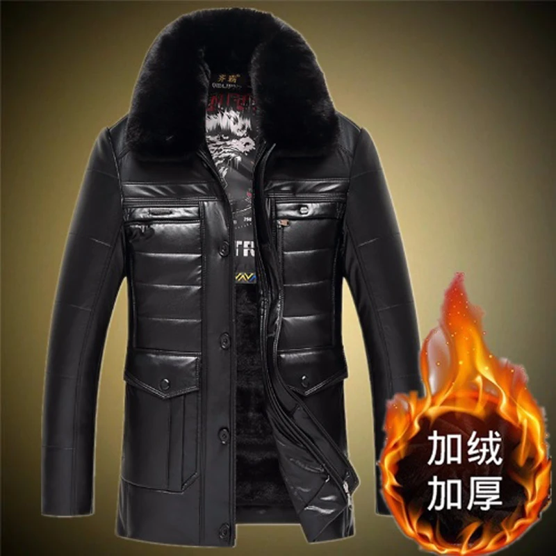 Chaqueta de cuero PU de algodón informal para hombre de mediana edad, abrigo, ropa, Chaqueta de algodón cálida, abrigos de invierno gruesos de terciopelo añadidos