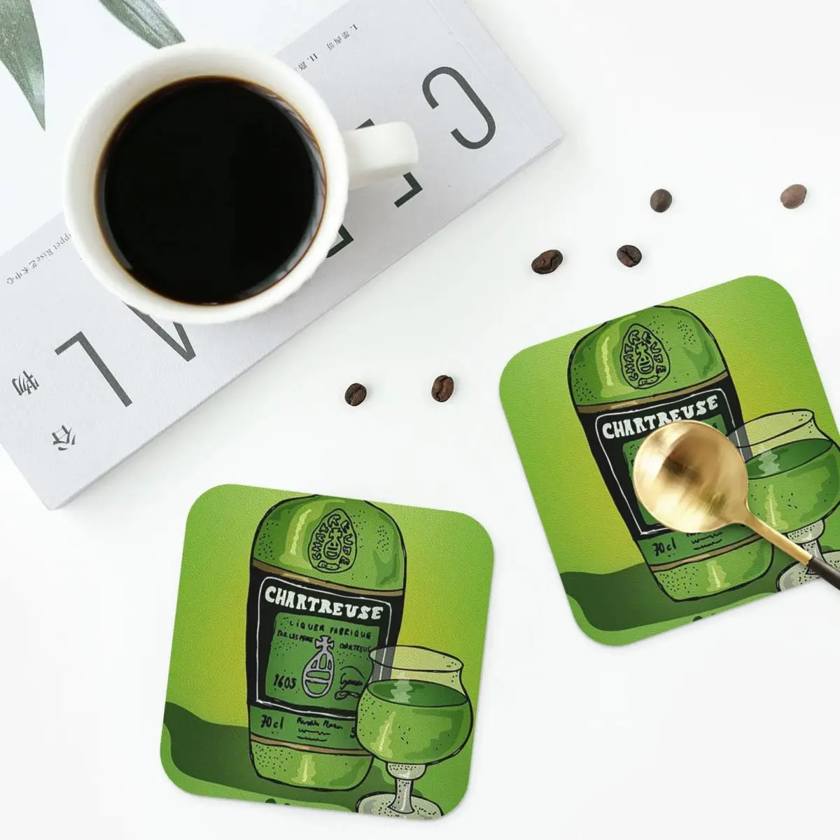 

Green Chartreuse Bottle Oil Painting Drink 1 Coasters Kitchen Placemats Insulation Cup Coffee Mats For Decor Pads Set of 4