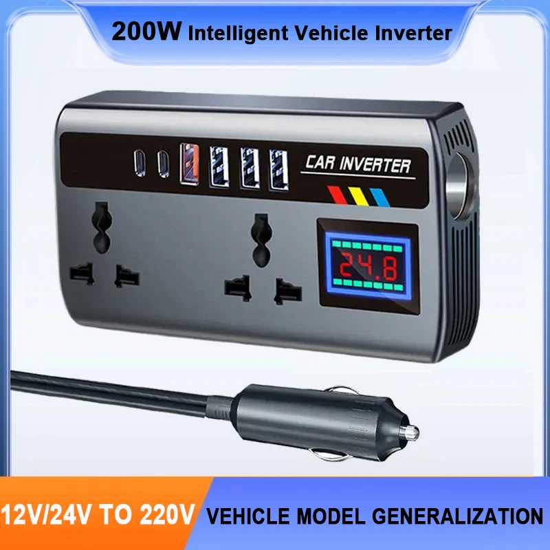 Car Inverter 12V/24V to 220V Outlet Adapter PD QC3.0 4 USB Ports Fast Charging Automotive Charger for Auto Car Truck RV SUV