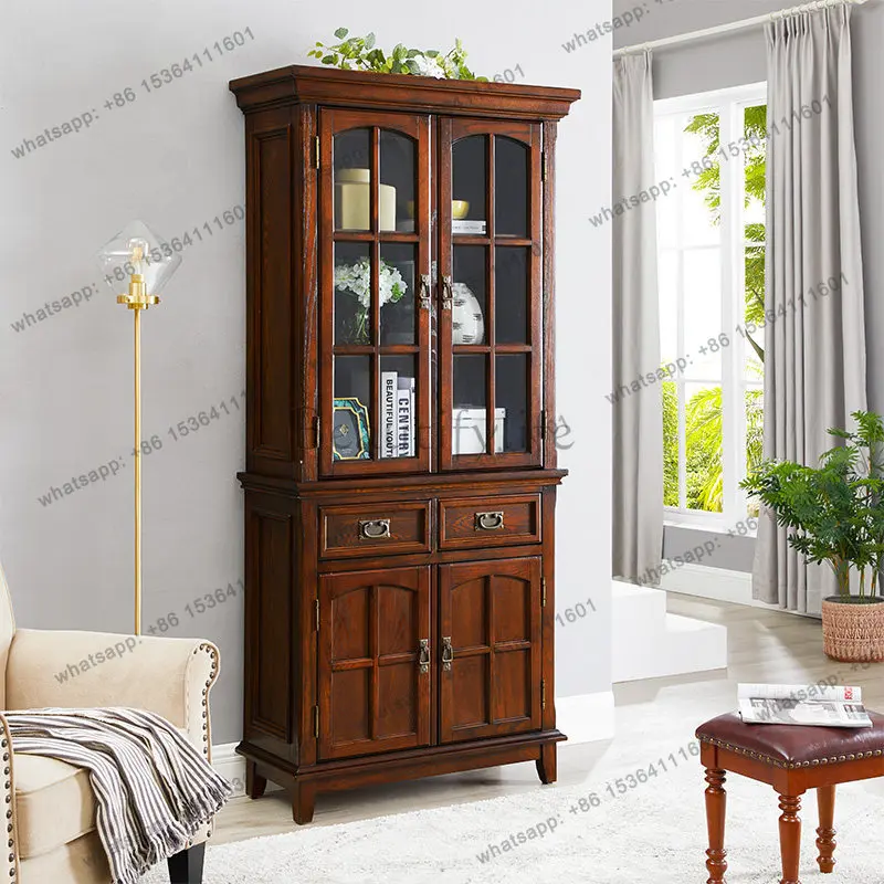 

Simple American all-solid wood wine cabinet Double door glass wine cabinet against the wall