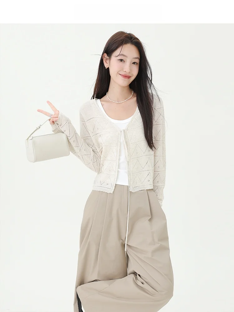 

CHACHASTU Простой длинный вязаный кардиган с V-образным вырезом для женщин, универсальный, для ранней весны, для повседневной носки, с эффектом похудения, с поясом