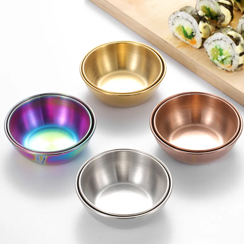 2Pcs Stainless Steel Golden Sauce Dishes Appetizer Specialty Seasoning Serving Dishes Tray Spice Plates Kitchen Tableware