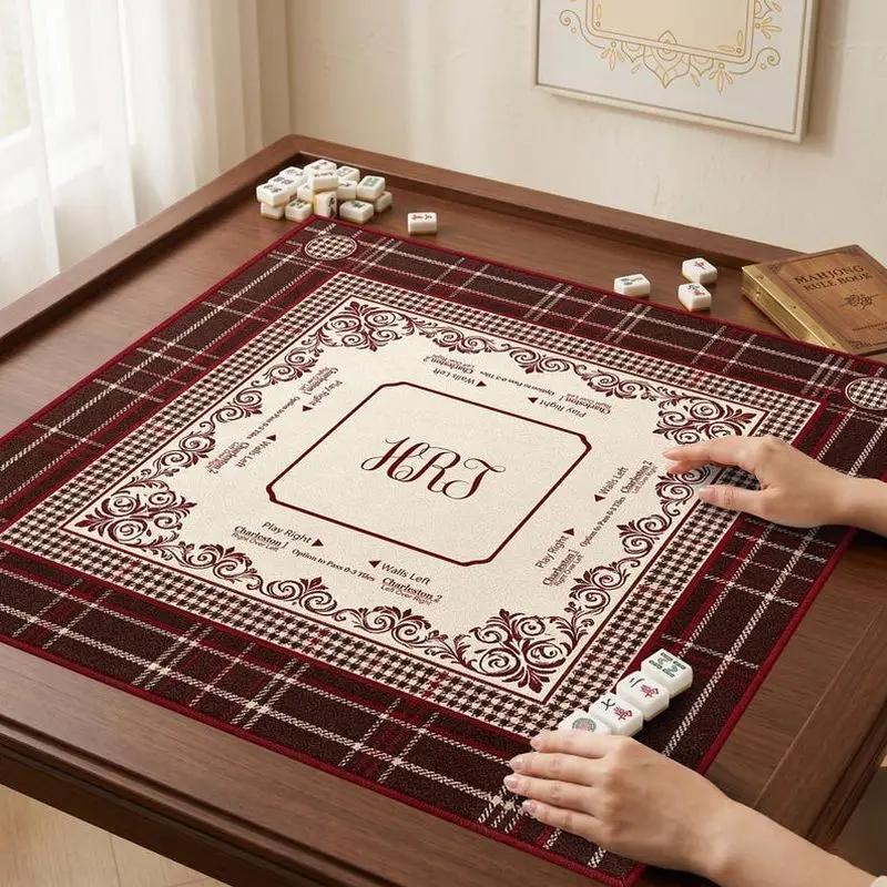 VIKAMA Vintage Plaid Floral Mahjong Mat Non Slip Shock Absorb Square Pad Washable For Classic American Mahjong Lovers