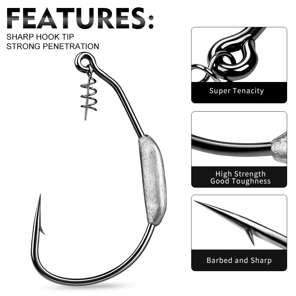 PROBEROS 3/5 Stück Gewichtete Swimbait-Haken mit Federverschluss, Hochkarbon-Stahl, Wide Gap Jig-Haken für Hecht, Barsch, Texas Rig Angelzubehör – Detail 3