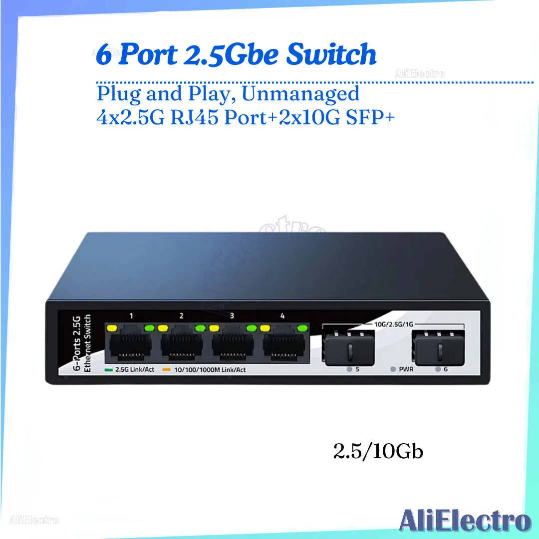 

2.5gb Ethernet 4 2.5G Network 2 Port 10gbe SFP+ Slot Home Lab Switch Unmanaged Plug and Play Free Shipping