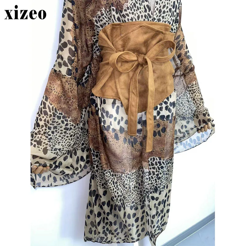 XIZEO  Summer Women Cardigan stitch Cocktail sexy Boho Maxi African Holiday leopard print waistband Robe kimono kaftan