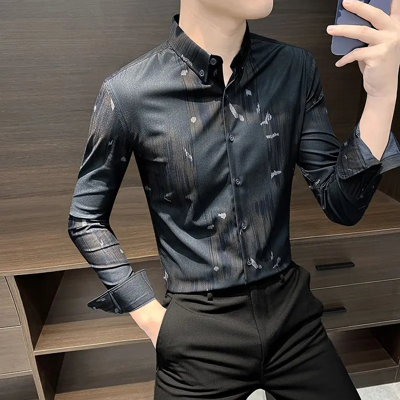 

Новинка весна-осень модная блузка с отложным воротником и длинным рукавом с принтом Мужская одежда Повседневная универсальная Корейская трендовая рубашка на пуговицах