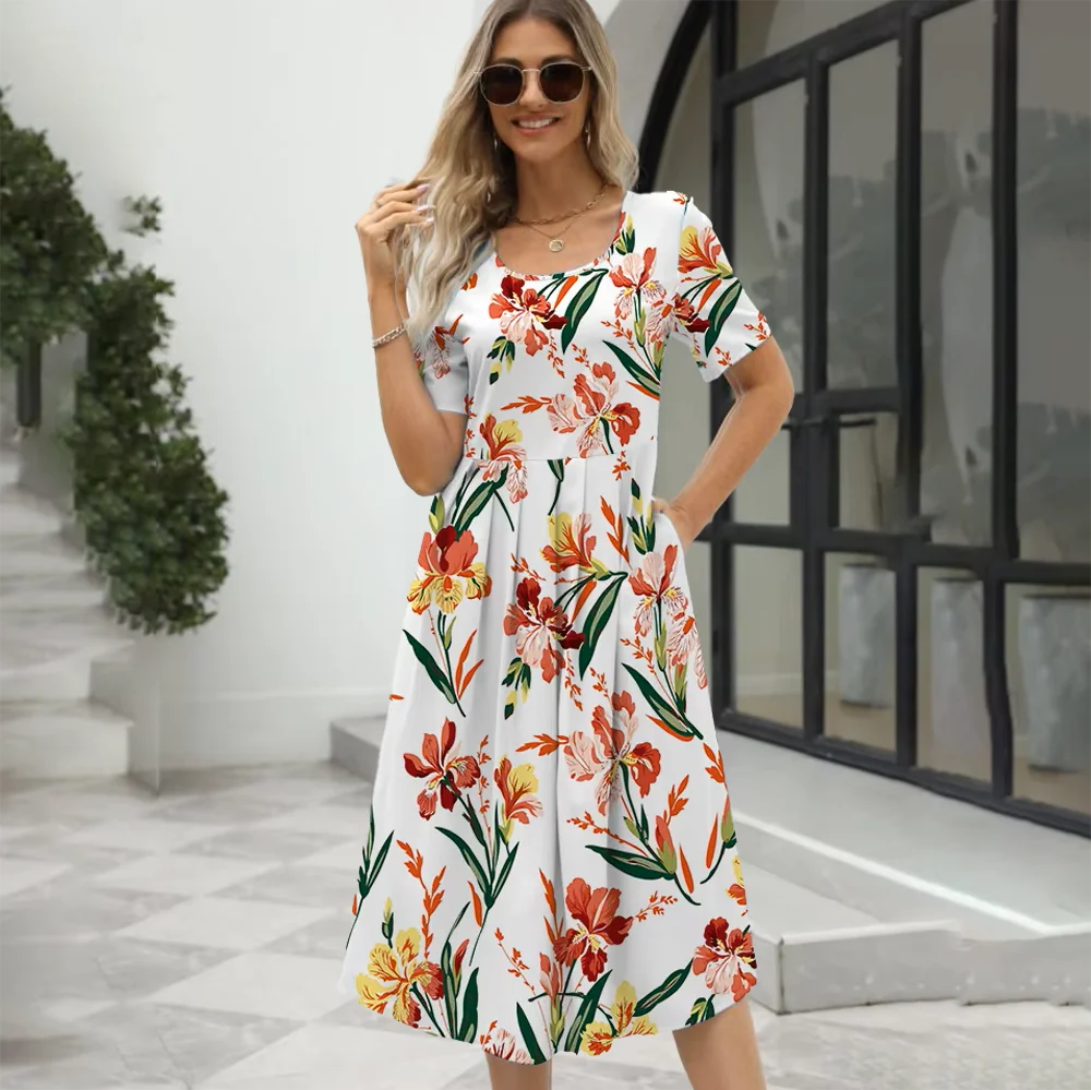 2024 Europe and the United States summer new women's fashion elegant printed round neck short sleeve zipper dress