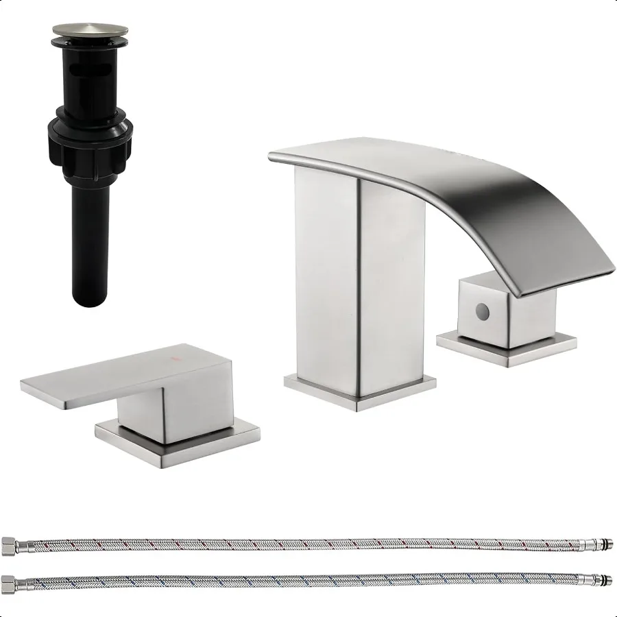 

Waterfall Bathroom Faucets for Sink 3 Hole Brushed Nickel Bathroom Sink Faucet with Pop Up Drain 8 Inch Widespread Basin Faucet