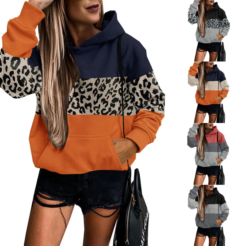 

2026Women's Spring Autumn New Fashion Temperament Leopard Print Splicing Hooded Daily Casual Contrast Color Sweatshirt for Women