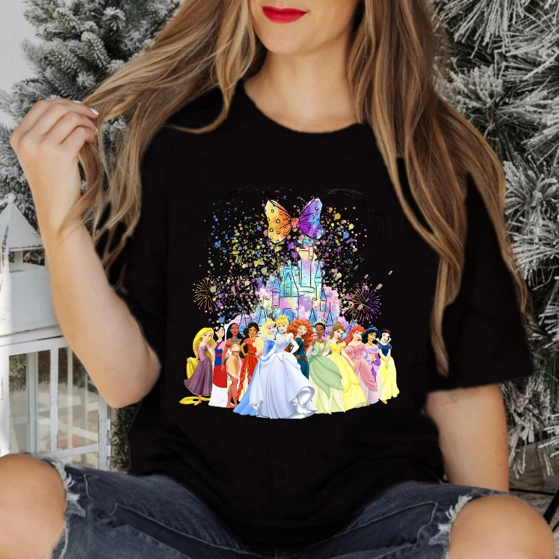

Disney Princess Minnie Watercolor Castle T-Shirt Men Women's Fashion Sports Loose Summer Short Sleeve Casual Crew Neck Top