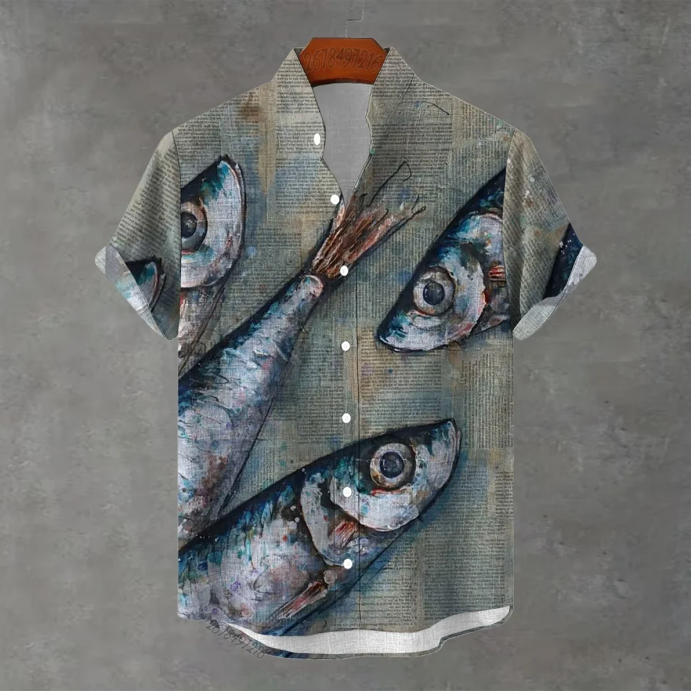 Creative oil painting sardine pattern men's stand-up collar short-sleeved shirt, retro loose everyday trendy men's casual shirt