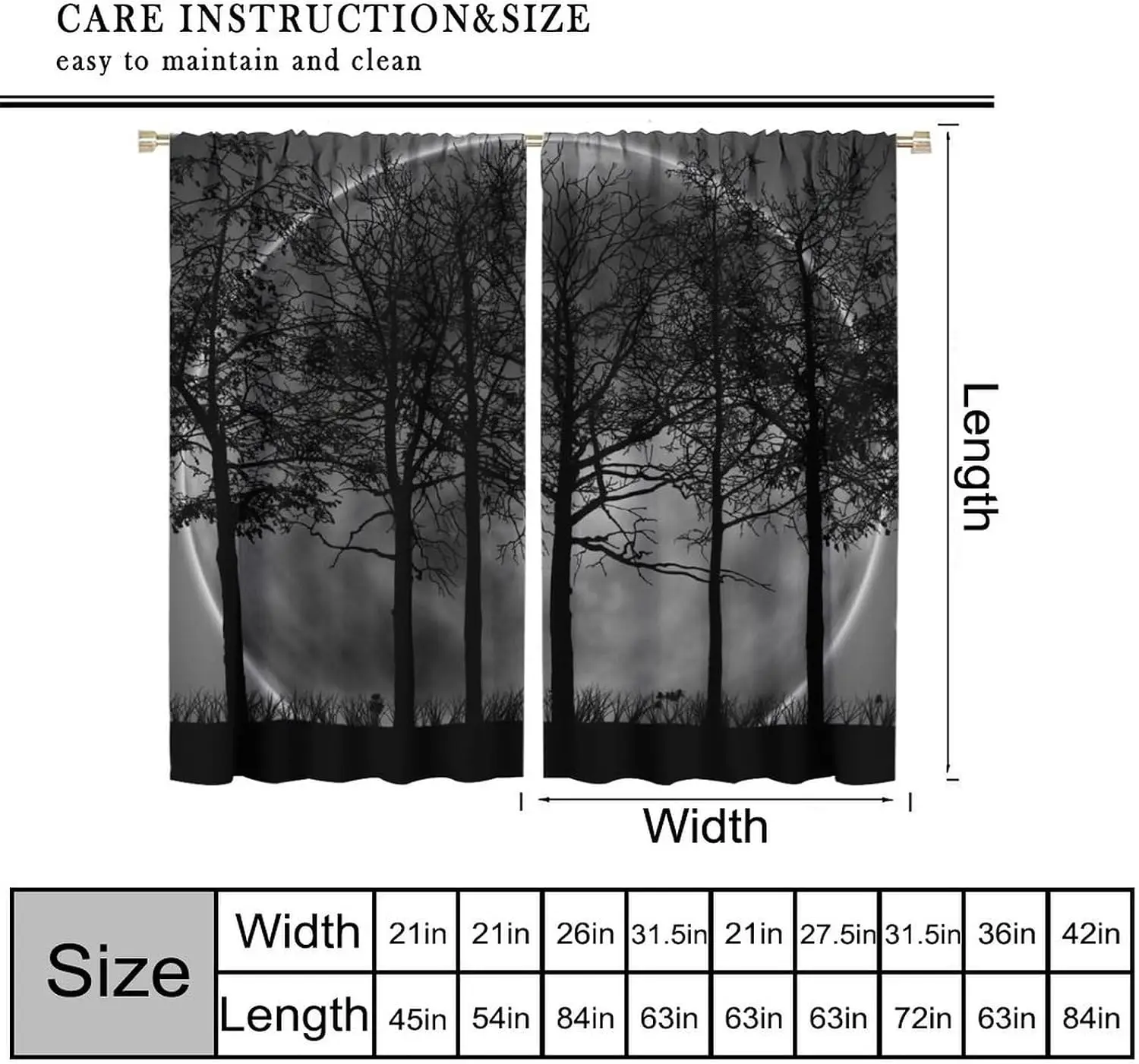 Polyester Tree Silhouette Curtains Dramatic Black White Gothic Forest Nature Window Panel Decor Curtain for Living Room Bedroom
