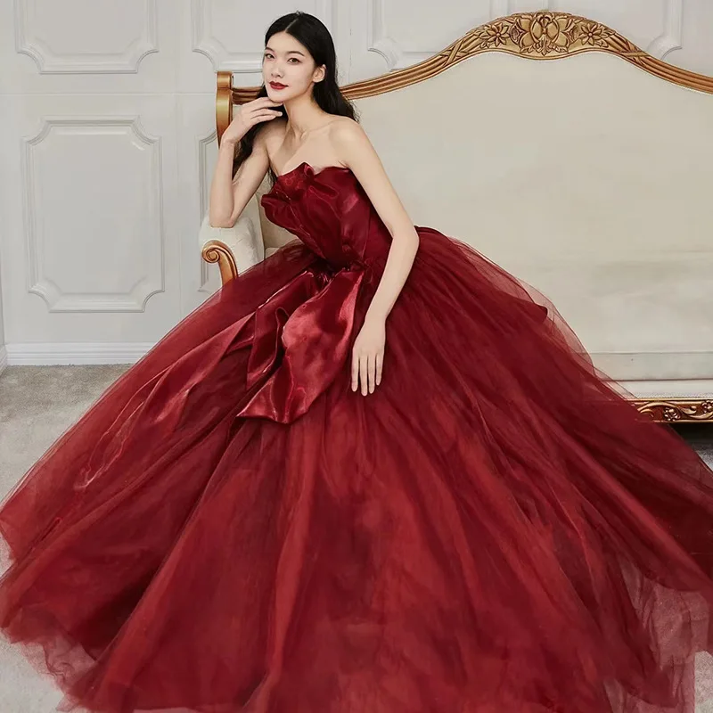 

Wine Red Evening Dress Lace-up Decorative Bow Temperament Backless Elegant Floor-length Tulle Birthday Gonws 2022 New