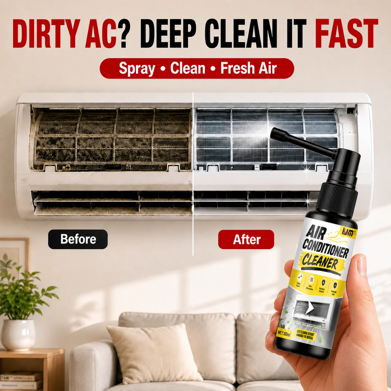 KJM Portable Car AC Vent Deep Cleaning Spray 50ml Dual Nozzle Mildew Grime Remover Odor Neutralizer Air Conditioner Care Agent