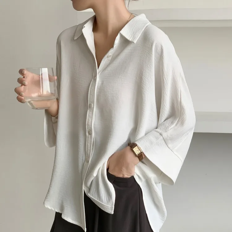 

Японская женская летняя блузка большого размера с отложным воротником, рукавом 7/8, однотонная, дышащая, повседневная