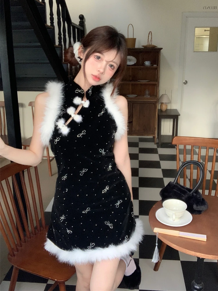 RORORIRI Fur Trim Tank Women Cheongsam Glitter Rhinestone Bow Pattern Mini Velvet Dress Neo-Chinese Thermal Warm Winter Clothes